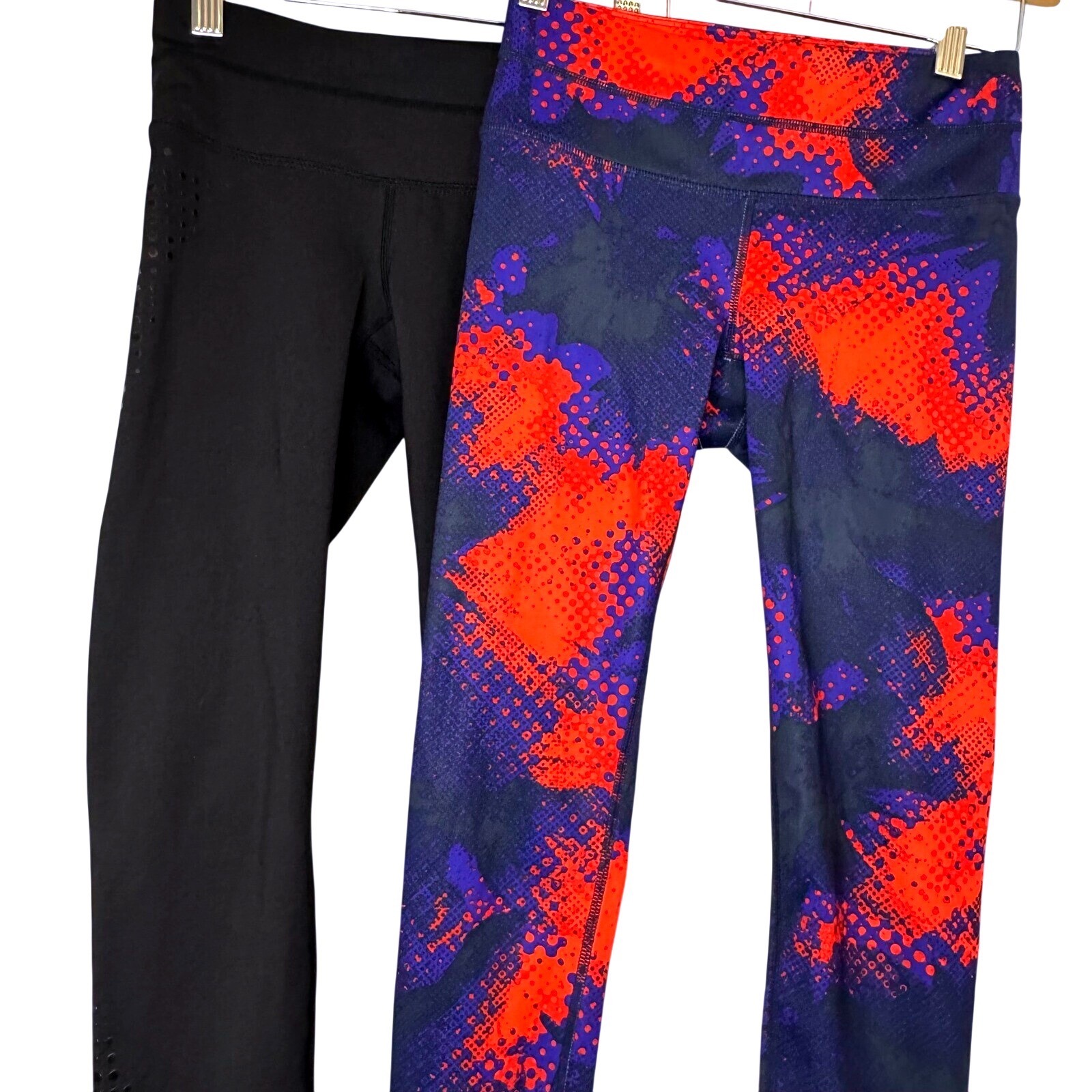 Athleta Be Free Tights Set Of 2 Xxs Black Laser Cut & Orange Navy Print Leggings